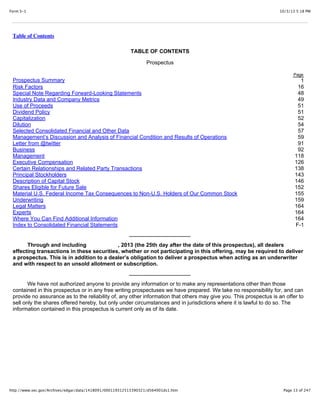 10/3/13 5:18 PMForm S-1
Page 13 of 247http://www.sec.gov/Archives/edgar/data/1418091/000119312513390321/d564001ds1.htm
Table of Contents
TABLE OF CONTENTS
Prospectus
Page
Prospectus Summary 1
Risk Factors 16
Special Note Regarding Forward-Looking Statements 48
Industry Data and Company Metrics 49
Use of Proceeds 51
Dividend Policy 51
Capitalization 52
Dilution 54
Selected Consolidated Financial and Other Data 57
Management’s Discussion and Analysis of Financial Condition and Results of Operations 59
Letter from @twitter 91
Business 92
Management 118
Executive Compensation 126
Certain Relationships and Related Party Transactions 138
Principal Stockholders 143
Description of Capital Stock 146
Shares Eligible for Future Sale 152
Material U.S. Federal Income Tax Consequences to Non-U.S. Holders of Our Common Stock 155
Underwriting 159
Legal Matters 164
Experts 164
Where You Can Find Additional Information 164
Index to Consolidated Financial Statements F-1
Through and including , 2013 (the 25th day after the date of this prospectus), all dealers
effecting transactions in these securities, whether or not participating in this offering, may be required to deliver
a prospectus. This is in addition to a dealer’s obligation to deliver a prospectus when acting as an underwriter
and with respect to an unsold allotment or subscription.
We have not authorized anyone to provide any information or to make any representations other than those
contained in this prospectus or in any free writing prospectuses we have prepared. We take no responsibility for, and can
provide no assurance as to the reliability of, any other information that others may give you. This prospectus is an offer to
sell only the shares offered hereby, but only under circumstances and in jurisdictions where it is lawful to do so. The
information contained in this prospectus is current only as of its date.
 