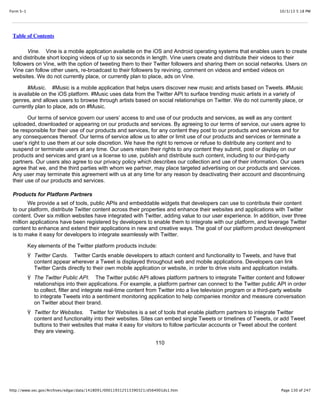 10/3/13 5:18 PMForm S-1
Page 130 of 247http://www.sec.gov/Archives/edgar/data/1418091/000119312513390321/d564001ds1.htm
Table of Contents
Vine. Vine is a mobile application available on the iOS and Android operating systems that enables users to create
and distribute short looping videos of up to six seconds in length. Vine users create and distribute their videos to their
followers on Vine, with the option of tweeting them to their Twitter followers and sharing them on social networks. Users on
Vine can follow other users, re-broadcast to their followers by revining, comment on videos and embed videos on
websites. We do not currently place, or currently plan to place, ads on Vine.
#Music. #Music is a mobile application that helps users discover new music and artists based on Tweets. #Music
is available on the iOS platform. #Music uses data from the Twitter API to surface trending music artists in a variety of
genres, and allows users to browse through artists based on social relationships on Twitter. We do not currently place, or
currently plan to place, ads on #Music.
Our terms of service govern our users’ access to and use of our products and services, as well as any content
uploaded, downloaded or appearing on our products and services. By agreeing to our terms of service, our users agree to
be responsible for their use of our products and services, for any content they post to our products and services and for
any consequences thereof. Our terms of service allow us to alter or limit use of our products and services or terminate a
user’s right to use them at our sole discretion. We have the right to remove or refuse to distribute any content and to
suspend or terminate users at any time. Our users retain their rights to any content they submit, post or display on our
products and services and grant us a license to use, publish and distribute such content, including to our third-party
partners. Our users also agree to our privacy policy which describes our collection and use of their information. Our users
agree that we, and the third parties with whom we partner, may place targeted advertising on our products and services.
Any user may terminate this agreement with us at any time for any reason by deactivating their account and discontinuing
their use of our products and services.
Products for Platform Partners
We provide a set of tools, public APIs and embeddable widgets that developers can use to contribute their content
to our platform, distribute Twitter content across their properties and enhance their websites and applications with Twitter
content. Over six million websites have integrated with Twitter, adding value to our user experience. In addition, over three
million applications have been registered by developers to enable them to integrate with our platform, and leverage Twitter
content to enhance and extend their applications in new and creative ways. The goal of our platform product development
is to make it easy for developers to integrate seamlessly with Twitter.
Key elements of the Twitter platform products include:
Ÿ Twitter Cards. Twitter Cards enable developers to attach content and functionality to Tweets, and have that
content appear wherever a Tweet is displayed throughout web and mobile applications. Developers can link
Twitter Cards directly to their own mobile application or website, in order to drive visits and application installs.
Ÿ The Twitter Public API. The Twitter public API allows platform partners to integrate Twitter content and follower
relationships into their applications. For example, a platform partner can connect to the Twitter public API in order
to collect, filter and integrate real-time content from Twitter into a live television program or a third-party website
to integrate Tweets into a sentiment monitoring application to help companies monitor and measure conversation
on Twitter about their brand.
Ÿ Twitter for Websites. Twitter for Websites is a set of tools that enable platform partners to integrate Twitter
content and functionality into their websites. Sites can embed single Tweets or timelines of Tweets, or add Tweet
buttons to their websites that make it easy for visitors to follow particular accounts or Tweet about the content
they are viewing.
110
 