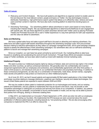 10/3/13 5:18 PMForm S-1
Page 134 of 247http://www.sec.gov/Archives/edgar/data/1418091/000119312513390321/d564001ds1.htm
Table of Contents
Ÿ Relevancy and Content Analysis. We have built systems and algorithms to organize content to enable users to
find and discover the most relevant content, people and topics on Twitter. Our key technologies include a
distributed, fixed-latency, high performance search system that allows us to efficiently index, retrieve and score
users and their content in real time. We have also built a trending platform to determine trending topics on
Twitter.
Ÿ Advertising Technology. Our advertising platform allows advertisers to reach users based on many factors,
including their Interest Graphs. We use sophisticated algorithms to determine the likelihood of user engagement
with specific ads. We use these algorithms to match advertiser demand with Twitter users by placing Promoted
Tweets and Promoted Accounts into a user’s Twitter experience in a way that optimizes for both user experience
and the value we deliver to advertisers.
Sales and Marketing
We have a global sales force and sales support staff that is focused on attracting and retaining advertisers. Our
sales force and sales support staff assists advertisers throughout the advertising campaign cycle, from pre-purchase
decision making to real-time optimizations as they utilize our campaign management tools, and to post-campaign analytics
reports to assess the effectiveness of their advertising campaigns. Our advertisers also use our self-serve advertising
platform to launch and manage their advertising campaigns.
Since our inception, our user base has grown primarily by word-of-mouth. Our marketing efforts to date have
focused on amplifying and accelerating this word-of-mouth momentum. Through these efforts and people’s increased
usage of Twitter worldwide, we have been able to build our brand with relatively minimal marketing costs.
Intellectual Property
We seek to protect our intellectual property rights by relying on federal, state and common law rights in the United
States and other countries, as well as contractual restrictions. We generally enter into confidentiality and invention
assignment agreements with our employees and contractors, and confidentiality agreements with other third parties, in
order to limit access to, and disclosure and use of, our confidential information and proprietary technology. In addition to
these contractual arrangements, we also rely on a combination of trademarks, trade dress, domain names, copyrights,
trade secrets and patents to help protect our brand and our other intellectual property.
As of June 30, 2013, we had 6 issued patents and approximately 80 filed patent applications in the United States
and foreign countries relating to message distribution, graphical user interfaces, security and related technologies. Our
issued United States patents are expected to expire between 2028 and 2030.
We may be unable to obtain patent or trademark protection for our technologies and brands, and our existing
patents and trademarks, and any patents or trademarks that may be issued in the future, may not provide us with
competitive advantages or distinguish our products and services from those of our competitors. In addition, any patents
and trademarks may be contested, circumvented or found unenforceable or invalid, and we may not be able to prevent
third parties from infringing, diluting or otherwise violating them.
In May 2013, we implemented our Innovator’s Patent Agreement, or IPA, which we enter into with our employees
and consultants, including our founders. We implemented the IPA because we were concerned about the recent
proliferation of offensive patent lawsuits, including lawsuits by “non-practicing entities.” We are also encouraging other
companies to implement the IPA in an effort to reduce the
114
 