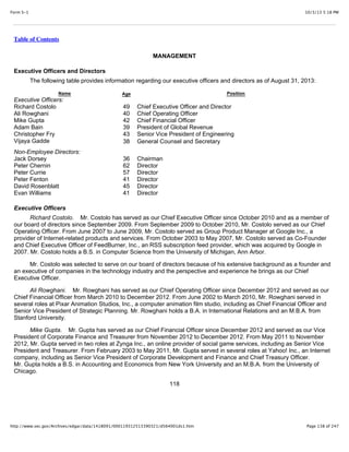 10/3/13 5:18 PMForm S-1
Page 138 of 247http://www.sec.gov/Archives/edgar/data/1418091/000119312513390321/d564001ds1.htm
Table of Contents
MANAGEMENT
Executive Officers and Directors
The following table provides information regarding our executive officers and directors as of August 31, 2013:
Name Age Position
Executive Officers:
Richard Costolo 49 Chief Executive Officer and Director
Ali Rowghani 40 Chief Operating Officer
Mike Gupta 42 Chief Financial Officer
Adam Bain 39 President of Global Revenue
Christopher Fry 43 Senior Vice President of Engineering
Vijaya Gadde 38 General Counsel and Secretary
Non-Employee Directors:
Jack Dorsey 36 Chairman
Peter Chernin 62 Director
Peter Currie 57 Director
Peter Fenton 41 Director
David Rosenblatt 45 Director
Evan Williams 41 Director
Executive Officers
Richard Costolo. Mr. Costolo has served as our Chief Executive Officer since October 2010 and as a member of
our board of directors since September 2009. From September 2009 to October 2010, Mr. Costolo served as our Chief
Operating Officer. From June 2007 to June 2009, Mr. Costolo served as Group Product Manager at Google Inc., a
provider of Internet-related products and services. From October 2003 to May 2007, Mr. Costolo served as Co-Founder
and Chief Executive Officer of FeedBurner, Inc., an RSS subscription feed provider, which was acquired by Google in
2007. Mr. Costolo holds a B.S. in Computer Science from the University of Michigan, Ann Arbor.
Mr. Costolo was selected to serve on our board of directors because of his extensive background as a founder and
an executive of companies in the technology industry and the perspective and experience he brings as our Chief
Executive Officer.
Ali Rowghani. Mr. Rowghani has served as our Chief Operating Officer since December 2012 and served as our
Chief Financial Officer from March 2010 to December 2012. From June 2002 to March 2010, Mr. Rowghani served in
several roles at Pixar Animation Studios, Inc., a computer animation film studio, including as Chief Financial Officer and
Senior Vice President of Strategic Planning. Mr. Rowghani holds a B.A. in International Relations and an M.B.A. from
Stanford University.
Mike Gupta. Mr. Gupta has served as our Chief Financial Officer since December 2012 and served as our Vice
President of Corporate Finance and Treasurer from November 2012 to December 2012. From May 2011 to November
2012, Mr. Gupta served in two roles at Zynga Inc., an online provider of social game services, including as Senior Vice
President and Treasurer. From February 2003 to May 2011, Mr. Gupta served in several roles at Yahoo! Inc., an Internet
company, including as Senior Vice President of Corporate Development and Finance and Chief Treasury Officer.
Mr. Gupta holds a B.S. in Accounting and Economics from New York University and an M.B.A. from the University of
Chicago.
118
 