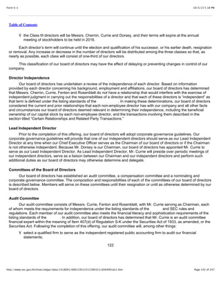 10/3/13 5:18 PMForm S-1
Page 142 of 247http://www.sec.gov/Archives/edgar/data/1418091/000119312513390321/d564001ds1.htm
Table of Contents
Ÿ the Class III directors will be Messrs. Chernin, Currie and Dorsey, and their terms will expire at the annual
meeting of stockholders to be held in 2016.
Each director’s term will continue until the election and qualification of his successor, or his earlier death, resignation
or removal. Any increase or decrease in the number of directors will be distributed among the three classes so that, as
nearly as possible, each class will consist of one-third of our directors.
This classification of our board of directors may have the effect of delaying or preventing changes in control of our
company.
Director Independence
Our board of directors has undertaken a review of the independence of each director. Based on information
provided by each director concerning his background, employment and affiliations, our board of directors has determined
that Messrs. Chernin, Currie, Fenton and Rosenblatt do not have a relationship that would interfere with the exercise of
independent judgment in carrying out the responsibilities of a director and that each of these directors is “independent” as
that term is defined under the listing standards of the . In making these determinations, our board of directors
considered the current and prior relationships that each non-employee director has with our company and all other facts
and circumstances our board of directors deemed relevant in determining their independence, including the beneficial
ownership of our capital stock by each non-employee director, and the transactions involving them described in the
section titled “Certain Relationships and Related Party Transactions.”
Lead Independent Director
Prior to the completion of this offering, our board of directors will adopt corporate governance guidelines. Our
corporate governance guidelines will provide that one of our independent directors should serve as our Lead Independent
Director at any time when our Chief Executive Officer serves as the Chairman of our board of directors or if the Chairman
is not otherwise independent. Because Mr. Dorsey is our Chairman, our board of directors has appointed Mr. Currie to
serve as our Lead Independent Director. As Lead Independent Director, Mr. Currie will preside over periodic meetings of
our independent directors, serve as a liaison between our Chairman and our independent directors and perform such
additional duties as our board of directors may otherwise determine and delegate.
Committees of the Board of Directors
Our board of directors has established an audit committee, a compensation committee and a nominating and
corporate governance committee. The composition and responsibilities of each of the committees of our board of directors
is described below. Members will serve on these committees until their resignation or until as otherwise determined by our
board of directors.
Audit Committee
Our audit committee consists of Messrs. Currie, Fenton and Rosenblatt, with Mr. Currie serving as Chairman, each
of whom meets the requirements for independence under the listing standards of the and SEC rules and
regulations. Each member of our audit committee also meets the financial literacy and sophistication requirements of the
listing standards of the . In addition, our board of directors has determined that Mr. Currie is an audit committee
financial expert within the meaning of Item 407(d) of Regulation S-K under the Securities Act of 1933, as amended, or the
Securities Act. Following the completion of this offering, our audit committee will, among other things:
Ÿ select a qualified firm to serve as the independent registered public accounting firm to audit our financial
statements;
122
 