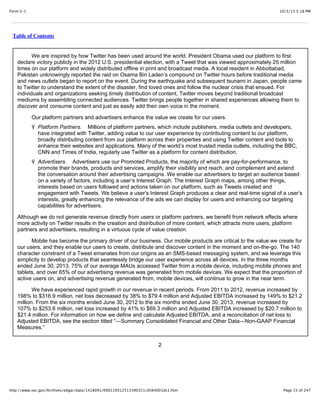 10/3/13 5:18 PMForm S-1
Page 15 of 247http://www.sec.gov/Archives/edgar/data/1418091/000119312513390321/d564001ds1.htm
Table of Contents
We are inspired by how Twitter has been used around the world. President Obama used our platform to first
declare victory publicly in the 2012 U.S. presidential election, with a Tweet that was viewed approximately 25 million
times on our platform and widely distributed offline in print and broadcast media. A local resident in Abbottabad,
Pakistan unknowingly reported the raid on Osama Bin Laden’s compound on Twitter hours before traditional media
and news outlets began to report on the event. During the earthquake and subsequent tsunami in Japan, people came
to Twitter to understand the extent of the disaster, find loved ones and follow the nuclear crisis that ensued. For
individuals and organizations seeking timely distribution of content, Twitter moves beyond traditional broadcast
mediums by assembling connected audiences. Twitter brings people together in shared experiences allowing them to
discover and consume content and just as easily add their own voice in the moment.
Our platform partners and advertisers enhance the value we create for our users.
Ÿ Platform Partners. Millions of platform partners, which include publishers, media outlets and developers,
have integrated with Twitter, adding value to our user experience by contributing content to our platform,
broadly distributing content from our platform across their properties and using Twitter content and tools to
enhance their websites and applications. Many of the world’s most trusted media outlets, including the BBC,
CNN and Times of India, regularly use Twitter as a platform for content distribution.
Ÿ Advertisers. Advertisers use our Promoted Products, the majority of which are pay-for-performance, to
promote their brands, products and services, amplify their visibility and reach, and complement and extend
the conversation around their advertising campaigns. We enable our advertisers to target an audience based
on a variety of factors, including a user’s Interest Graph. The Interest Graph maps, among other things,
interests based on users followed and actions taken on our platform, such as Tweets created and
engagement with Tweets. We believe a user’s Interest Graph produces a clear and real-time signal of a user’s
interests, greatly enhancing the relevance of the ads we can display for users and enhancing our targeting
capabilities for advertisers.
Although we do not generate revenue directly from users or platform partners, we benefit from network effects where
more activity on Twitter results in the creation and distribution of more content, which attracts more users, platform
partners and advertisers, resulting in a virtuous cycle of value creation.
Mobile has become the primary driver of our business. Our mobile products are critical to the value we create for
our users, and they enable our users to create, distribute and discover content in the moment and on-the-go. The 140
character constraint of a Tweet emanates from our origins as an SMS-based messaging system, and we leverage this
simplicity to develop products that seamlessly bridge our user experience across all devices. In the three months
ended June 30, 2013, 75% of our average MAUs accessed Twitter from a mobile device, including mobile phones and
tablets, and over 65% of our advertising revenue was generated from mobile devices. We expect that the proportion of
active users on, and advertising revenue generated from, mobile devices, will continue to grow in the near term.
We have experienced rapid growth in our revenue in recent periods. From 2011 to 2012, revenue increased by
198% to $316.9 million, net loss decreased by 38% to $79.4 million and Adjusted EBITDA increased by 149% to $21.2
million. From the six months ended June 30, 2012 to the six months ended June 30, 2013, revenue increased by
107% to $253.6 million, net loss increased by 41% to $69.3 million and Adjusted EBITDA increased by $20.7 million to
$21.4 million. For information on how we define and calculate Adjusted EBITDA, and a reconciliation of net loss to
Adjusted EBITDA, see the section titled “—Summary Consolidated Financial and Other Data—Non-GAAP Financial
Measures.”
2
 