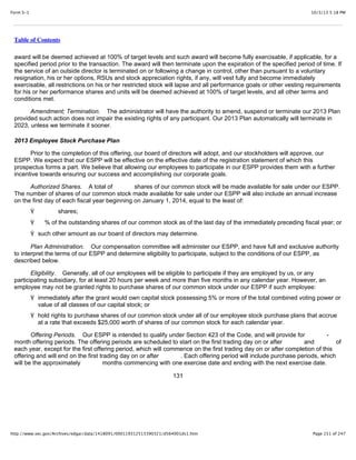 10/3/13 5:18 PMForm S-1
Page 151 of 247http://www.sec.gov/Archives/edgar/data/1418091/000119312513390321/d564001ds1.htm
Table of Contents
award will be deemed achieved at 100% of target levels and such award will become fully exercisable, if applicable, for a
specified period prior to the transaction. The award will then terminate upon the expiration of the specified period of time. If
the service of an outside director is terminated on or following a change in control, other than pursuant to a voluntary
resignation, his or her options, RSUs and stock appreciation rights, if any, will vest fully and become immediately
exercisable, all restrictions on his or her restricted stock will lapse and all performance goals or other vesting requirements
for his or her performance shares and units will be deemed achieved at 100% of target levels, and all other terms and
conditions met.
Amendment; Termination. The administrator will have the authority to amend, suspend or terminate our 2013 Plan
provided such action does not impair the existing rights of any participant. Our 2013 Plan automatically will terminate in
2023, unless we terminate it sooner.
2013 Employee Stock Purchase Plan
Prior to the completion of this offering, our board of directors will adopt, and our stockholders will approve, our
ESPP. We expect that our ESPP will be effective on the effective date of the registration statement of which this
prospectus forms a part. We believe that allowing our employees to participate in our ESPP provides them with a further
incentive towards ensuring our success and accomplishing our corporate goals.
Authorized Shares. A total of shares of our common stock will be made available for sale under our ESPP.
The number of shares of our common stock made available for sale under our ESPP will also include an annual increase
on the first day of each fiscal year beginning on January 1, 2014, equal to the least of:
Ÿ shares;
Ÿ % of the outstanding shares of our common stock as of the last day of the immediately preceding fiscal year; or
Ÿ such other amount as our board of directors may determine.
Plan Administration. Our compensation committee will administer our ESPP, and have full and exclusive authority
to interpret the terms of our ESPP and determine eligibility to participate, subject to the conditions of our ESPP, as
described below.
Eligibility. Generally, all of our employees will be eligible to participate if they are employed by us, or any
participating subsidiary, for at least 20 hours per week and more than five months in any calendar year. However, an
employee may not be granted rights to purchase shares of our common stock under our ESPP if such employee:
Ÿ immediately after the grant would own capital stock possessing 5% or more of the total combined voting power or
value of all classes of our capital stock; or
Ÿ hold rights to purchase shares of our common stock under all of our employee stock purchase plans that accrue
at a rate that exceeds $25,000 worth of shares of our common stock for each calendar year.
Offering Periods. Our ESPP is intended to qualify under Section 423 of the Code, and will provide for -
month offering periods. The offering periods are scheduled to start on the first trading day on or after and of
each year, except for the first offering period, which will commence on the first trading day on or after completion of this
offering and will end on the first trading day on or after . Each offering period will include purchase periods, which
will be the approximately months commencing with one exercise date and ending with the next exercise date.
131
 
