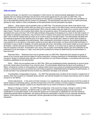10/3/13 5:18 PMForm S-1
Page 153 of 247http://www.sec.gov/Archives/edgar/data/1418091/000119312513390321/d564001ds1.htm
Table of Contents
securities exchange, nor reported in any newspaper or other source, the vesting schedule applicable to the awards
together with any vesting acceleration and the terms of the award agreement for use under our 2007 Plan. The
administrator may, at any time, authorize the issuance of new awards in exchange for the surrender and cancellation of
any or all outstanding awards with the consent of a participant. The administrator may also buy out an award previously
granted for cash, shares or other consideration as the administrator and the participant may agree.
Options. Stock options may be granted under our 2007 Plan. The exercise price per share of all options must
equal at least 85% of the fair market value per share of our common stock on the date of grant, and the exercise price per
share of incentive stock options must equal at least 100% of the fair market value per share of our common stock on the
date of grant. The term of an incentive stock option may not exceed ten years. An incentive stock option granted to a
participant who owns more than 10% of the total combined voting power of all classes of our stock on the date of grant, or
any parent or subsidiary corporations, may not have a term in excess of five years and must have an exercise price of at
least 110% of the fair market value per share of our common stock on the date of grant. The administrator will determine
the methods of payment of the exercise price of an option, which may include cash, shares or certain other property or
other consideration acceptable to the administrator. After a participant’s termination of service, the participant generally
may exercise his or her options, to the extent vested as of such date of termination, for three months after termination. If
termination is due to death or disability, the option generally will remain exercisable, to the extent vested as of such date of
termination, until the one-year anniversary of such termination. However, in no event may an option be exercised later
than the expiration of its term. If termination is for cause, then an option automatically expires upon first notification to the
participant of such termination or, if later, such time as the conditions for cause are determined by the administrator to
have occurred.
Restricted Stock. Restricted stock may be granted under our 2007 Plan. Restricted stock awards are grants of
shares of our common stock that are subject to various restrictions, including restrictions on transferability and forfeiture
provisions. Shares of restricted stock will vest, and the restrictions on such shares will lapse, in accordance with terms and
conditions established by the administrator.
RSUs. RSUs may be granted under our 2007 Plan. RSUs are bookkeeping entries representing an amount equal
to the fair market value of one share of our common stock. The administrator determines the terms and conditions of
RSUs, including the number of units granted, the vesting criteria (which may include accomplishing specified performance
criteria or continued service to us) and the form and timing of payment. Notwithstanding the foregoing, the administrator, in
its sole discretion may accelerate the time at which any restrictions will lapse or be removed.
Transferability or Assignability of Awards. Our 2007 Plan generally does not allow for the transfer or assignment of
awards, other than by gift to an immediate family member, and only the recipient of an award may exercise such an award
during his or her lifetime.
Certain Adjustments. In the event of certain changes in our capitalization, the exercise prices of and the number of
shares subject to outstanding options, and the purchase price of and the numbers of shares subject to outstanding awards
will be proportionately adjusted, subject to any required action by our board of directors or stockholders.
Merger or Change in Control. Our 2007 Plan provides that, in the event of a merger, change in control or other
company combination transaction, as defined under our 2007 Plan, each outstanding award may be assumed or
substituted for an equivalent award. In the event that awards are not assumed or substituted for, then the vesting of
outstanding awards will be accelerated, and options will become exercisable in full prior to such corporate transaction.
Options, to the extent they remain unexercised, will then generally terminate immediately prior to the corporate
transaction.
133
 