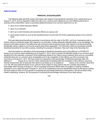 10/3/13 5:18 PMForm S-1
Page 163 of 247http://www.sec.gov/Archives/edgar/data/1418091/000119312513390321/d564001ds1.htm
Table of Contents
PRINCIPAL STOCKHOLDERS
The following table sets forth certain information with respect to the beneficial ownership of our capital stock as of
August 31, 2013, and as adjusted to reflect the sale of our common stock offered by us in this offering assuming no
exercise of the underwriters’ option to purchase additional shares of our common stock from us, for:
Ÿ each of our named executive officers;
Ÿ each of our directors;
Ÿ all of our current directors and executive officers as a group; and
Ÿ each person known by us to be the beneficial owner of more than 5% of the outstanding shares of our common
stock.
We have determined beneficial ownership in accordance with the rules of the SEC, and thus it represents sole or
shared voting or investment power with respect to our securities. Unless otherwise indicated below, to our knowledge, the
persons and entities named in the table have sole voting and sole investment power with respect to all shares that they
beneficially owned, subject to community property laws where applicable. The information does not necessarily indicate
beneficial ownership for any other purpose, including for purposes of Sections 13(d) and 13(g) of the Securities Act.
We have based our calculation of the percentage of beneficial ownership prior to this offering on 473,839,475
shares of our common stock outstanding as of August 31, 2013, which includes 333,099,000 shares of our common stock
resulting from the automatic conversion of all outstanding shares of our Class A junior preferred stock and our convertible
preferred stock into our common stock immediately prior to the completion of this offering, as if this conversion had
occurred as of August 31, 2013. We have based our calculation of the percentage of beneficial ownership after this
offering on shares of our common stock outstanding immediately after the completion of this offering, assuming
that the underwriters will not exercise their option to purchase up to an additional shares of our common stock from
us in full. We have deemed shares of our common stock subject to stock options that are currently exercisable or
exercisable within 60 days of August 31, 2013 or issuable pursuant to RSUs which are subject to vesting conditions
expected to occur within 60 days of August 31, 2013 to be outstanding and to be beneficially owned by the person holding
the stock option or RSU for the purpose of computing the percentage ownership of that person. We did not deem these
shares outstanding, however, for the purpose of computing the percentage ownership of any other person.
143
 