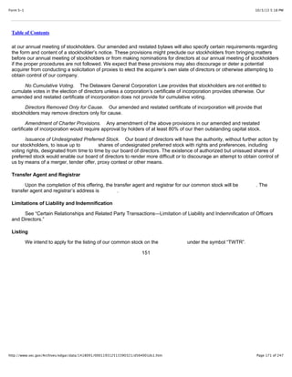 10/3/13 5:18 PMForm S-1
Page 171 of 247http://www.sec.gov/Archives/edgar/data/1418091/000119312513390321/d564001ds1.htm
Table of Contents
at our annual meeting of stockholders. Our amended and restated bylaws will also specify certain requirements regarding
the form and content of a stockholder’s notice. These provisions might preclude our stockholders from bringing matters
before our annual meeting of stockholders or from making nominations for directors at our annual meeting of stockholders
if the proper procedures are not followed. We expect that these provisions may also discourage or deter a potential
acquirer from conducting a solicitation of proxies to elect the acquirer’s own slate of directors or otherwise attempting to
obtain control of our company.
No Cumulative Voting. The Delaware General Corporation Law provides that stockholders are not entitled to
cumulate votes in the election of directors unless a corporation’s certificate of incorporation provides otherwise. Our
amended and restated certificate of incorporation does not provide for cumulative voting.
Directors Removed Only for Cause. Our amended and restated certificate of incorporation will provide that
stockholders may remove directors only for cause.
Amendment of Charter Provisions. Any amendment of the above provisions in our amended and restated
certificate of incorporation would require approval by holders of at least 80% of our then outstanding capital stock.
Issuance of Undesignated Preferred Stock. Our board of directors will have the authority, without further action by
our stockholders, to issue up to shares of undesignated preferred stock with rights and preferences, including
voting rights, designated from time to time by our board of directors. The existence of authorized but unissued shares of
preferred stock would enable our board of directors to render more difficult or to discourage an attempt to obtain control of
us by means of a merger, tender offer, proxy contest or other means.
Transfer Agent and Registrar
Upon the completion of this offering, the transfer agent and registrar for our common stock will be . The
transfer agent and registrar’s address is .
Limitations of Liability and Indemnification
See “Certain Relationships and Related Party Transactions—Limitation of Liability and Indemnification of Officers
and Directors.”
Listing
We intend to apply for the listing of our common stock on the under the symbol “TWTR”.
151
 