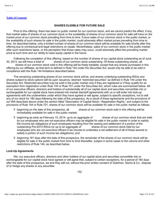 10/3/13 5:18 PMForm S-1
Page 172 of 247http://www.sec.gov/Archives/edgar/data/1418091/000119312513390321/d564001ds1.htm
Table of Contents
SHARES ELIGIBLE FOR FUTURE SALE
Prior to this offering, there has been no public market for our common stock, and we cannot predict the effect, if any,
that market sales of shares of our common stock or the availability of shares of our common stock for sale will have on the
market price of our common stock prevailing from time to time. Future sales of our common stock in the public market, or
the availability of such shares for sale in the public market, could adversely affect market prices prevailing from time to
time. As described below, only a limited number of shares of our common stock will be available for sale shortly after this
offering due to contractual and legal restrictions on resale. Nevertheless, sales of our common stock in the public market
after such restrictions lapse, or the perception that those sales may occur, could adversely affect the prevailing market
price at such time and our ability to raise equity capital in the future.
Following the completion of this offering, based on the number of shares of our capital stock outstanding as of June
30, 2013, we will have a total of shares of our common stock outstanding. Of these outstanding shares, all
shares of our common stock sold in this offering will be freely tradable, except that any shares purchased in this
offering by our affiliates, as that term is defined in Rule 144 under the Securities Act, would only be able to be sold in
compliance with the Rule 144 limitations described below.
The remaining outstanding shares of our common stock will be, and shares underlying outstanding RSUs and
shares subject to stock options will be upon issuance, deemed “restricted securities” as defined in Rule 144 under the
Securities Act. Restricted securities may be sold in the public market only if they are registered or if they qualify for an
exemption from registration under Rule 144 or Rule 701 under the Securities Act, which rules are summarized below. All
of our executive officers, directors and holders of substantially all of our capital stock and securities convertible into or
exchangeable for our capital stock have entered into market standoff agreements with us or will enter into lock-up
agreements with the underwriters under which they have agreed or will agree, subject to specific exceptions, not to sell
any of our stock for 180 days following the date of this prospectus. As a result of these agreements and the provisions of
our IRA described above under the section titled “Description of Capital Stock—Registration Rights,” and subject to the
provisions of Rule 144 or Rule 701, shares of our common stock will be available for sale in the public market as follows:
Ÿ beginning on the date of this prospectus, all shares of our common stock sold in this offering will be
immediately available for sale in the public market;
Ÿ beginning as early as February 15, 2014, up to an aggregate of shares of our common stock that are held
by our employees who are not executive officers may be eligible for sale in the public market in order to satisfy
the income tax obligations of such employees resulting from the vesting and settlement of a portion of the
outstanding Pre-2013 RSUs (or up to an aggregate of shares of our common stock held by our
employees who are not executive officers if we choose to undertake a net settlement of all of these awards to
satisfy a portion of such income tax obligations); and
Ÿ beginning 181 days after the date of this prospectus, the remainder of the shares of our common stock will be
eligible for sale in the public market from time to time thereafter, subject in some cases to the volume and other
restrictions of Rule 144, as described below.
Lock-Up Agreements
We, our executive officers, directors and other holders of our capital stock and securities convertible into or
exchangeable for our capital stock have agreed or will agree that, subject to certain exceptions, for a period of 180 days
after the date of this prospectus, we and they will not, without the prior written consent of Goldman, Sachs & Co., dispose
of or hedge any shares or any securities
152
 