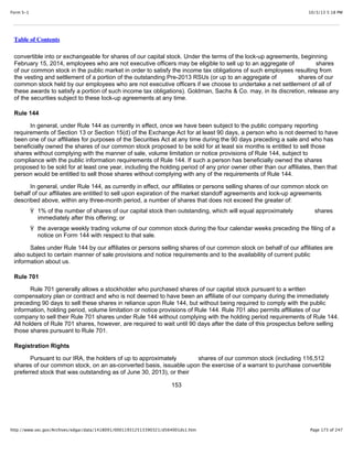 10/3/13 5:18 PMForm S-1
Page 173 of 247http://www.sec.gov/Archives/edgar/data/1418091/000119312513390321/d564001ds1.htm
Table of Contents
convertible into or exchangeable for shares of our capital stock. Under the terms of the lock-up agreements, beginning
February 15, 2014, employees who are not executive officers may be eligible to sell up to an aggregate of shares
of our common stock in the public market in order to satisfy the income tax obligations of such employees resulting from
the vesting and settlement of a portion of the outstanding Pre-2013 RSUs (or up to an aggregate of shares of our
common stock held by our employees who are not executive officers if we choose to undertake a net settlement of all of
these awards to satisfy a portion of such income tax obligations). Goldman, Sachs & Co. may, in its discretion, release any
of the securities subject to these lock-up agreements at any time.
Rule 144
In general, under Rule 144 as currently in effect, once we have been subject to the public company reporting
requirements of Section 13 or Section 15(d) of the Exchange Act for at least 90 days, a person who is not deemed to have
been one of our affiliates for purposes of the Securities Act at any time during the 90 days preceding a sale and who has
beneficially owned the shares of our common stock proposed to be sold for at least six months is entitled to sell those
shares without complying with the manner of sale, volume limitation or notice provisions of Rule 144, subject to
compliance with the public information requirements of Rule 144. If such a person has beneficially owned the shares
proposed to be sold for at least one year, including the holding period of any prior owner other than our affiliates, then that
person would be entitled to sell those shares without complying with any of the requirements of Rule 144.
In general, under Rule 144, as currently in effect, our affiliates or persons selling shares of our common stock on
behalf of our affiliates are entitled to sell upon expiration of the market standoff agreements and lock-up agreements
described above, within any three-month period, a number of shares that does not exceed the greater of:
Ÿ 1% of the number of shares of our capital stock then outstanding, which will equal approximately shares
immediately after this offering; or
Ÿ the average weekly trading volume of our common stock during the four calendar weeks preceding the filing of a
notice on Form 144 with respect to that sale.
Sales under Rule 144 by our affiliates or persons selling shares of our common stock on behalf of our affiliates are
also subject to certain manner of sale provisions and notice requirements and to the availability of current public
information about us.
Rule 701
Rule 701 generally allows a stockholder who purchased shares of our capital stock pursuant to a written
compensatory plan or contract and who is not deemed to have been an affiliate of our company during the immediately
preceding 90 days to sell these shares in reliance upon Rule 144, but without being required to comply with the public
information, holding period, volume limitation or notice provisions of Rule 144. Rule 701 also permits affiliates of our
company to sell their Rule 701 shares under Rule 144 without complying with the holding period requirements of Rule 144.
All holders of Rule 701 shares, however, are required to wait until 90 days after the date of this prospectus before selling
those shares pursuant to Rule 701.
Registration Rights
Pursuant to our IRA, the holders of up to approximately shares of our common stock (including 116,512
shares of our common stock, on an as-converted basis, issuable upon the exercise of a warrant to purchase convertible
preferred stock that was outstanding as of June 30, 2013), or their
153
 