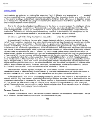10/3/13 5:18 PMForm S-1
Page 180 of 247http://www.sec.gov/Archives/edgar/data/1418091/000119312513390321/d564001ds1.htm
Table of Contents
from the vesting and settlement of a portion of the outstanding Pre-2013 RSUs (or up to an aggregate of shares of
our common stock held by our employees who are not executive officers if we choose to undertake a net settlement of all
of these awards to satisfy a portion of such income tax obligations). Goldman, Sachs & Co. may, in its discretion, release
any of the securities subject to the lock-up agreements at any time. See the section titled “Shares Eligible for Future Sale”
for a discussion of certain transfer restrictions.
Prior to this offering, there has been no public market for the shares of our common stock. The initial public offering
price has been negotiated between us and the representative. Among the factors considered in determining the initial
public offering price of the shares of our common stock, in addition to prevailing market conditions, were our historical
performance, estimates of our business potential and earnings prospects, an assessment of our management and the
consideration of the above factors in relation to market valuation of companies in related businesses.
We intend to apply for the listing of our common stock on the under the symbol “TWTR”.
In connection with this offering, the underwriters may purchase and sell shares of our common stock in the open
market. These transactions may include short sales, stabilizing transactions and purchases to cover positions created by
short sales. Short sales involve the sale by the underwriters of a greater number of shares than they are required to
purchase in the offering. A “covered short position” is a short position that is not greater than the amount of additional
shares for which the underwriters’ option described above may be exercised. The underwriters may close out any covered
short position by either exercising their option to purchase additional shares of our common stock or purchasing shares in
the open market. In determining the source of shares of our common stock to close out the covered short position, the
underwriters will consider, among other things, the price of shares available for purchase in the open market as compared
to the price at which they may purchase additional shares pursuant to the option described above. “Naked” short sales are
any short sales that create a short position greater than the amount of additional shares for which the option described
above may be exercised. The underwriters must close out any naked short position by purchasing shares of our common
stock in the open market. A naked short position is more likely to be created if the underwriters are concerned that there
may be downward pressure on the price of our common stock in the open market after pricing that could adversely affect
investors who purchase in the offering. Stabilizing transactions consist of various bids for or purchases of our common
stock made by the underwriters in the open market prior to the completion of the offering.
The underwriters may also impose a penalty bid. This occurs when a particular underwriter repays to the
underwriters a portion of the underwriting discount received by it because the representative has repurchased shares of
our common stock sold by or for the account of such underwriter in stabilizing or short covering transactions.
Purchases to cover a short position and stabilizing transactions, as well as other purchases by the underwriters for
their own accounts, may have the effect of preventing or retarding a decline in the market price of our common stock, and
together with the imposition of the penalty bid, may stabilize, maintain or otherwise affect the market price of our common
stock. As a result, the price of our common stock may be higher than the price that otherwise might exist in the open
market. If these activities are commenced, they may be discontinued at any time. These transactions may be effected on
the , in the over-the-counter market or otherwise.
European Economic Area
In relation to each Member State of the European Economic Area which has implemented the Prospectus Directive
(each, a Relevant Member State), each underwriter has represented and agreed
160
 