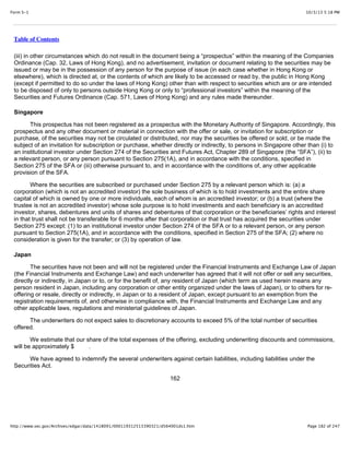 10/3/13 5:18 PMForm S-1
Page 182 of 247http://www.sec.gov/Archives/edgar/data/1418091/000119312513390321/d564001ds1.htm
Table of Contents
(iii) in other circumstances which do not result in the document being a “prospectus” within the meaning of the Companies
Ordinance (Cap. 32, Laws of Hong Kong), and no advertisement, invitation or document relating to the securities may be
issued or may be in the possession of any person for the purpose of issue (in each case whether in Hong Kong or
elsewhere), which is directed at, or the contents of which are likely to be accessed or read by, the public in Hong Kong
(except if permitted to do so under the laws of Hong Kong) other than with respect to securities which are or are intended
to be disposed of only to persons outside Hong Kong or only to “professional investors” within the meaning of the
Securities and Futures Ordinance (Cap. 571, Laws of Hong Kong) and any rules made thereunder.
Singapore
This prospectus has not been registered as a prospectus with the Monetary Authority of Singapore. Accordingly, this
prospectus and any other document or material in connection with the offer or sale, or invitation for subscription or
purchase, of the securities may not be circulated or distributed, nor may the securities be offered or sold, or be made the
subject of an invitation for subscription or purchase, whether directly or indirectly, to persons in Singapore other than (i) to
an institutional investor under Section 274 of the Securities and Futures Act, Chapter 289 of Singapore (the “SFA”), (ii) to
a relevant person, or any person pursuant to Section 275(1A), and in accordance with the conditions, specified in
Section 275 of the SFA or (iii) otherwise pursuant to, and in accordance with the conditions of, any other applicable
provision of the SFA.
Where the securities are subscribed or purchased under Section 275 by a relevant person which is: (a) a
corporation (which is not an accredited investor) the sole business of which is to hold investments and the entire share
capital of which is owned by one or more individuals, each of whom is an accredited investor; or (b) a trust (where the
trustee is not an accredited investor) whose sole purpose is to hold investments and each beneficiary is an accredited
investor, shares, debentures and units of shares and debentures of that corporation or the beneficiaries’ rights and interest
in that trust shall not be transferable for 6 months after that corporation or that trust has acquired the securities under
Section 275 except: (1) to an institutional investor under Section 274 of the SFA or to a relevant person, or any person
pursuant to Section 275(1A), and in accordance with the conditions, specified in Section 275 of the SFA; (2) where no
consideration is given for the transfer; or (3) by operation of law.
Japan
The securities have not been and will not be registered under the Financial Instruments and Exchange Law of Japan
(the Financial Instruments and Exchange Law) and each underwriter has agreed that it will not offer or sell any securities,
directly or indirectly, in Japan or to, or for the benefit of, any resident of Japan (which term as used herein means any
person resident in Japan, including any corporation or other entity organized under the laws of Japan), or to others for re-
offering or resale, directly or indirectly, in Japan or to a resident of Japan, except pursuant to an exemption from the
registration requirements of, and otherwise in compliance with, the Financial Instruments and Exchange Law and any
other applicable laws, regulations and ministerial guidelines of Japan.
The underwriters do not expect sales to discretionary accounts to exceed 5% of the total number of securities
offered.
We estimate that our share of the total expenses of the offering, excluding underwriting discounts and commissions,
will be approximately $ .
We have agreed to indemnify the several underwriters against certain liabilities, including liabilities under the
Securities Act.
162
 