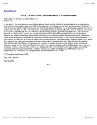 10/3/13 5:18 PMForm S-1
Page 186 of 247http://www.sec.gov/Archives/edgar/data/1418091/000119312513390321/d564001ds1.htm
Table of Contents
REPORT OF INDEPENDENT REGISTERED PUBLIC ACCOUNTING FIRM
To the Board of Directors and Stockholders of
Twitter, Inc.
In our opinion, the accompanying consolidated balance sheets and the related consolidated statements of operations,
comprehensive loss, redeemable convertible preferred stock, convertible preferred stock and stockholders’ deficit, and
cash flows present fairly, in all material respects, the financial position of Twitter, Inc. and its subsidiaries (the “Company”)
at December 31, 2012 and 2011, and the results of their operations and their cash flows for each of the three years in the
period ended December 31, 2012 in conformity with accounting principles generally accepted in the United States of
America. In addition, in our opinion, the accompanying financial statement schedule presents fairly, in all material
respects, the information set forth therein when read in conjunction with the related consolidated financial statements.
These financial statements and financial statement schedule are the responsibility of the Company’s management. Our
responsibility is to express an opinion on these financial statements and financial statement schedule based on our audits.
We conducted our audits of these statements in accordance with the standards of the Public Company Accounting
Oversight Board (United States). Those standards require that we plan and perform the audit to obtain reasonable
assurance about whether the financial statements are free of material misstatement. An audit includes examining, on a
test basis, evidence supporting the amounts and disclosures in the financial statements, assessing the accounting
principles used and significant estimates made by management, and evaluating the overall financial statement
presentation. We believe that our audits provide a reasonable basis for our opinion.
/s/ PricewaterhouseCoopers, LLP
San Jose, California
July 12, 2013
F-2
 