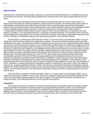 10/3/13 5:18 PMForm S-1
Page 197 of 247http://www.sec.gov/Archives/edgar/data/1418091/000119312513390321/d564001ds1.htm
Table of Contents
described above. Stock-based compensation expense is recorded net of estimated forfeiture on a straight-line basis over
the requisite service period. The stock options granted have a contractual term of ten years and generally vest over four
years.
The Company has historically issued restricted Class A junior preferred stock and common stock subject to a
lapsing right of repurchase to continuing employees of certain acquired companies. Since these issuances are subject to
post-acquisition employment, the Company has accounted for them as post-acquisition stock-based compensation
expense. Since the restricted Class A junior preferred stock contain certain redemption features, they are liability-classified
on the consolidated balance sheets, and their fair value is remeasured each reporting period. Refer to Note 10
—Redeemable Convertible Preferred Stock for further details on Class A junior preferred stock’s redemption and other
features, and Note 5—Fair Value Measurement for a description of valuation estimates. The restricted common stock are
equity classified and valued based on the fair value on the date of issuance. Stock-based compensation expense for these
shares is recorded on a straight-line basis over the requisite service period, net of estimated forfeiture.
Pre-2013 RSUs, as defined and further described in Note 12—Common Stock and Stockholders’ Deficit, vest upon
satisfaction of both a service condition and a performance condition. The service condition for these awards is generally
satisfied over four years. The performance condition is satisfied upon the occurrence of a qualifying liquidity event, defined
as the earlier of (i) the date that is the earlier of (x) six months after the effective date of this offering or (y) March 8th of the
calendar year following the effective date of this offering; and (ii) the date of a change in control. Pre-2013 RSUs for which
the service condition has been satisfied are not forfeitable should employment terminate prior to the performance condition
being satisfied. In addition, the vesting condition that will be satisfied subsequent to the Company’s initial public offering
does not affect the expense attribution period for the RSUs for which the service condition has been satisfied as of the
effective date of the initial public offering. As of June 30, 2013, the Company had not recognized any stock-based
compensation expense for the Pre-2013 RSUs, because a qualifying event as described above had not occurred.
Although the performance condition for the Pre-2013 RSUs is satisfied on a date subsequent to the initial public offering,
because the satisfaction of the performance condition becomes probable upon the completion of the Company’s initial
public offering for the Pre-2013 RSUs for which the service condition has been satisfied as of such date, the Company will
record a significant cumulative stock-based compensation expense for these RSUs in the quarter in which the qualifying
event occurs, using the accelerated attribution method. The remaining unrecognized stock-based compensation expense
related to the Pre-2013 RSUs will be recorded over the remaining requisite service period using the accelerated attribution
method, net of estimated forfeitures. The stock-based compensation expense for RSUs is measured based on the grant-
date fair value.
Post-2013 RSUs, as defined and further described in Note 12—Common Stock and Stockholders’ Deficit, are not
subject to a performance condition in order to vest. The service condition for these awards is generally satisfied over four
years. The compensation expense related to these RSUs is based on the grant-date fair value and is recognized on a
straight-line basis, net of estimated forfeitures, over the requisite service period.
Acquisitions
The Company accounts for acquisitions of entities that include inputs and processes and have the ability to create
outputs as business combinations in accordance with Accounting Standards Codification (“ASC”) Topic 805 Business
Combinations. The purchase price of the acquisition is allocated to the tangible and intangible assets acquired and
liabilities assumed based on their estimated fair values at the acquisition dates. The excess of the purchase price over
those fair values is recorded as goodwill. During the measurement period, which may be up to one year from the
F-13
 
