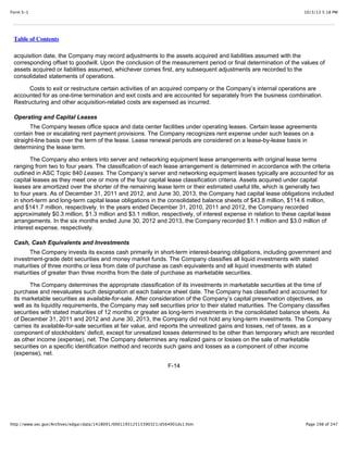 10/3/13 5:18 PMForm S-1
Page 198 of 247http://www.sec.gov/Archives/edgar/data/1418091/000119312513390321/d564001ds1.htm
Table of Contents
acquisition date, the Company may record adjustments to the assets acquired and liabilities assumed with the
corresponding offset to goodwill. Upon the conclusion of the measurement period or final determination of the values of
assets acquired or liabilities assumed, whichever comes first, any subsequent adjustments are recorded to the
consolidated statements of operations.
Costs to exit or restructure certain activities of an acquired company or the Company’s internal operations are
accounted for as one-time termination and exit costs and are accounted for separately from the business combination.
Restructuring and other acquisition-related costs are expensed as incurred.
Operating and Capital Leases
The Company leases office space and data center facilities under operating leases. Certain lease agreements
contain free or escalating rent payment provisions. The Company recognizes rent expense under such leases on a
straight-line basis over the term of the lease. Lease renewal periods are considered on a lease-by-lease basis in
determining the lease term.
The Company also enters into server and networking equipment lease arrangements with original lease terms
ranging from two to four years. The classification of each lease arrangement is determined in accordance with the criteria
outlined in ASC Topic 840 Leases. The Company’s server and networking equipment leases typically are accounted for as
capital leases as they meet one or more of the four capital lease classification criteria. Assets acquired under capital
leases are amortized over the shorter of the remaining lease term or their estimated useful life, which is generally two
to four years. As of December 31, 2011 and 2012, and June 30, 2013, the Company had capital lease obligations included
in short-term and long-term capital lease obligations in the consolidated balance sheets of $43.8 million, $114.6 million,
and $141.7 million, respectively. In the years ended December 31, 2010, 2011 and 2012, the Company recorded
approximately $0.3 million, $1.3 million and $3.1 million, respectively, of interest expense in relation to these capital lease
arrangements. In the six months ended June 30, 2012 and 2013, the Company recorded $1.1 million and $3.0 million of
interest expense, respectively.
Cash, Cash Equivalents and Investments
The Company invests its excess cash primarily in short-term interest-bearing obligations, including government and
investment-grade debt securities and money market funds. The Company classifies all liquid investments with stated
maturities of three months or less from date of purchase as cash equivalents and all liquid investments with stated
maturities of greater than three months from the date of purchase as marketable securities.
The Company determines the appropriate classification of its investments in marketable securities at the time of
purchase and reevaluates such designation at each balance sheet date. The Company has classified and accounted for
its marketable securities as available-for-sale. After consideration of the Company’s capital preservation objectives, as
well as its liquidity requirements, the Company may sell securities prior to their stated maturities. The Company classifies
securities with stated maturities of 12 months or greater as long-term investments in the consolidated balance sheets. As
of December 31, 2011 and 2012 and June 30, 2013, the Company did not hold any long-term investments. The Company
carries its available-for-sale securities at fair value, and reports the unrealized gains and losses, net of taxes, as a
component of stockholders’ deficit, except for unrealized losses determined to be other than temporary which are recorded
as other income (expense), net. The Company determines any realized gains or losses on the sale of marketable
securities on a specific identification method and records such gains and losses as a component of other income
(expense), net.
F-14
 