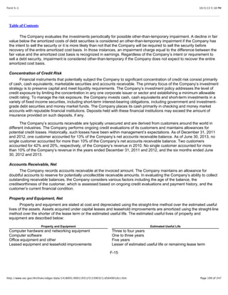 10/3/13 5:18 PMForm S-1
Page 199 of 247http://www.sec.gov/Archives/edgar/data/1418091/000119312513390321/d564001ds1.htm
Table of Contents
The Company evaluates the investments periodically for possible other-than-temporary impairment. A decline in fair
value below the amortized costs of debt securities is considered an other-than-temporary impairment if the Company has
the intent to sell the security or it is more likely than not that the Company will be required to sell the security before
recovery of the entire amortized cost basis. In those instances, an impairment charge equal to the difference between the
fair value and the amortized cost basis is recognized in earnings. Regardless of the Company’s intent or requirement to
sell a debt security, impairment is considered other-than-temporary if the Company does not expect to recover the entire
amortized cost basis.
Concentration of Credit Risk
Financial instruments that potentially subject the Company to significant concentration of credit risk consist primarily
of cash, cash equivalents, marketable securities and accounts receivable. The primary focus of the Company’s investment
strategy is to preserve capital and meet liquidity requirements. The Company’s investment policy addresses the level of
credit exposure by limiting the concentration in any one corporate issuer or sector and establishing a minimum allowable
credit rating. To manage the risk exposure, the Company invests cash, cash equivalents and short-term investments in a
variety of fixed income securities, including short-term interest-bearing obligations, including government and investment-
grade debt securities and money market funds. The Company places its cash primarily in checking and money market
accounts with reputable financial institutions. Deposits held with these financial institutions may exceed the amount of
insurance provided on such deposits, if any.
The Company’s accounts receivable are typically unsecured and are derived from customers around the world in
different industries. The Company performs ongoing credit evaluations of its customers and maintains allowances for
potential credit losses. Historically, such losses have been within management’s expectations. As of December 31, 2011
and 2012, one customer accounted for 13% of the Company’s net accounts receivable balance. As of June 30, 2013, no
single customer accounted for more than 10% of the Company’s net accounts receivable balance. Two customers
accounted for 42% and 20%, respectively, of the Company’s revenue in 2010. No single customer accounted for more
than 10% of the Company’s revenue in the years ended December 31, 2011 and 2012, and the six months ended June
30, 2012 and 2013.
Accounts Receivable, Net
The Company records accounts receivable at the invoiced amount. The Company maintains an allowance for
doubtful accounts to reserve for potentially uncollectible receivable amounts. In evaluating the Company’s ability to collect
outstanding receivable balances, the Company considers various factors including the age of the balance, the
creditworthiness of the customer, which is assessed based on ongoing credit evaluations and payment history, and the
customer’s current financial condition.
Property and Equipment, Net
Property and equipment are stated at cost and depreciated using the straight-line method over the estimated useful
lives of the assets. Assets acquired under capital leases and leasehold improvements are amortized using the straight-line
method over the shorter of the lease term or the estimated useful life. The estimated useful lives of property and
equipment are described below:
Property and Equipment Estimated Useful Life
Computer hardware and networking equipment Three to four years
Computer software One to three years
Office equipment and other Five years
Leased equipment and leasehold improvements Lesser of estimated useful life or remaining lease term
F-15
 