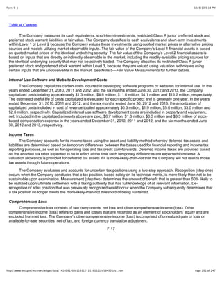 10/3/13 5:18 PMForm S-1
Page 201 of 247http://www.sec.gov/Archives/edgar/data/1418091/000119312513390321/d564001ds1.htm
Table of Contents
The Company measures its cash equivalents, short-term investments, restricted Class A junior preferred stock and
preferred stock warrant liabilities at fair value. The Company classifies its cash equivalents and short-term investments
within Level 1 or Level 2 because the Company values these investments using quoted market prices or alternative pricing
sources and models utilizing market observable inputs. The fair value of the Company’s Level 1 financial assets is based
on quoted market prices of the identical underlying security. The fair value of the Company’s Level 2 financial assets is
based on inputs that are directly or indirectly observable in the market, including the readily-available pricing sources for
the identical underlying security that may not be actively traded. The Company classifies its restricted Class A junior
preferred stock and preferred stock warrant within Level 3, because they are valued using valuation techniques using
certain inputs that are unobservable in the market. See Note 5—Fair Value Measurements for further details.
Internal Use Software and Website Development Costs
The Company capitalizes certain costs incurred in developing software programs or websites for internal use. In the
years ended December 31, 2010, 2011 and 2012, and the six months ended June 30, 2012 and 2013, the Company
capitalized costs totaling approximately $1.3 million, $4.8 million, $11.6 million, $4.1 million and $13.2 million, respectively.
The estimated useful life of costs capitalized is evaluated for each specific project and is generally one year. In the years
ended December 31, 2010, 2011 and 2012, and the six months ended June 30, 2012 and 2013, the amortization of
capitalized costs included in cost of revenue totaled approximately $0.3 million, $1.9 million, $5.6 million, $3.0 million and
$2.6 million, respectively. Capitalized internal use software development costs are included in property and equipment,
net. Included in the capitalized amounts above are zero, $0.7 million, $1.3 million, $0.5 million and $3.3 million of stock-
based compensation expense in the years ended December 31, 2010, 2011 and 2012, and the six months ended June
30, 2012 and 2013, respectively.
Income Taxes
The Company accounts for its income taxes using the asset and liability method whereby deferred tax assets and
liabilities are determined based on temporary differences between the bases used for financial reporting and income tax
reporting purposes, as well as for operating loss and tax credit carryforwards. Deferred income taxes are provided based
on the enacted tax rates expected to be in effect at the time such temporary differences are expected to reverse. A
valuation allowance is provided for deferred tax assets if it is more-likely-than-not that the Company will not realize those
tax assets through future operations.
The Company evaluates and accounts for uncertain tax positions using a two-step approach. Recognition (step one)
occurs when the Company concludes that a tax position, based solely on its technical merits, is more-likely-than-not to be
sustainable upon examination. Measurement (step two) determines the amount of benefit that is greater than 50% likely to
be realized upon ultimate settlement with a taxing authority that has full knowledge of all relevant information. De-
recognition of a tax position that was previously recognized would occur when the Company subsequently determines that
a tax position no longer meets the more-likely-than-not threshold of being sustained.
Comprehensive Loss
Comprehensive loss consists of two components, net loss and other comprehensive income (loss). Other
comprehensive income (loss) refers to gains and losses that are recorded as an element of stockholders’ equity and are
excluded from net loss. The Company’s other comprehensive income (loss) is comprised of unrealized gain or loss on
available-for-sale securities, net of tax, and foreign currency translation adjustment.
F-17
 