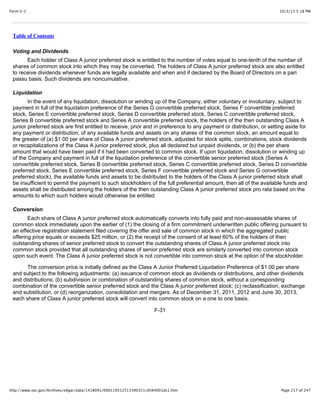 10/3/13 5:18 PMForm S-1
Page 217 of 247http://www.sec.gov/Archives/edgar/data/1418091/000119312513390321/d564001ds1.htm
Table of Contents
Voting and Dividends
Each holder of Class A junior preferred stock is entitled to the number of votes equal to one-tenth of the number of
shares of common stock into which they may be converted. The holders of Class A junior preferred stock are also entitled
to receive dividends whenever funds are legally available and when and if declared by the Board of Directors on a pari
passu basis. Such dividends are noncumulative.
Liquidation
In the event of any liquidation, dissolution or winding up of the Company, either voluntary or involuntary, subject to
payment in full of the liquidation preference of the Series G convertible preferred stock, Series F convertible preferred
stock, Series E convertible preferred stock, Series D convertible preferred stock, Series C convertible preferred stock,
Series B convertible preferred stock and Series A convertible preferred stock, the holders of the then outstanding Class A
junior preferred stock are first entitled to receive, prior and in preference to any payment or distribution, or setting aside for
any payment or distribution, of any available funds and assets on any shares of the common stock, an amount equal to
the greater of (a) $1.00 per share of Class A junior preferred stock, adjusted for stock splits, combinations, stock dividends
or recapitalizations of the Class A junior preferred stock, plus all declared but unpaid dividends, or (b) the per share
amount that would have been paid if it had been converted to common stock. If upon liquidation, dissolution or winding up
of the Company and payment in full of the liquidation preference of the convertible senior preferred stock (Series A
convertible preferred stock, Series B convertible preferred stock, Series C convertible preferred stock, Series D convertible
preferred stock, Series E convertible preferred stock, Series F convertible preferred stock and Series G convertible
preferred stock), the available funds and assets to be distributed to the holders of the Class A junior preferred stock shall
be insufficient to permit the payment to such stockholders of the full preferential amount, then all of the available funds and
assets shall be distributed among the holders of the then outstanding Class A junior preferred stock pro rata based on the
amounts to which such holders would otherwise be entitled.
Conversion
Each share of Class A junior preferred stock automatically converts into fully paid and non-assessable shares of
common stock immediately upon the earlier of (1) the closing of a firm commitment underwritten public offering pursuant to
an effective registration statement filed covering the offer and sale of common stock in which the aggregated public
offering price equals or exceeds $25 million, or (2) the receipt of the consent of at least 60% of the holders of then
outstanding shares of senior preferred stock to convert the outstanding shares of Class A junior preferred stock into
common stock provided that all outstanding shares of senior preferred stock are similarly converted into common stock
upon such event. The Class A junior preferred stock is not convertible into common stock at the option of the stockholder.
The conversion price is initially defined as the Class A Junior Preferred Liquidation Preference of $1.00 per share
and subject to the following adjustments: (a) issuance of common stock as dividends or distributions, and other dividends
and distributions; (b) subdivision or combination of outstanding shares of common stock, without a corresponding
combination of the convertible senior preferred stock and the Class A junior preferred stock; (c) reclassification, exchange
and substitution, or (d) reorganization, consolidation and mergers. As of December 31, 2011, 2012 and June 30, 2013,
each share of Class A junior preferred stock will convert into common stock on a one to one basis.
F-31
 