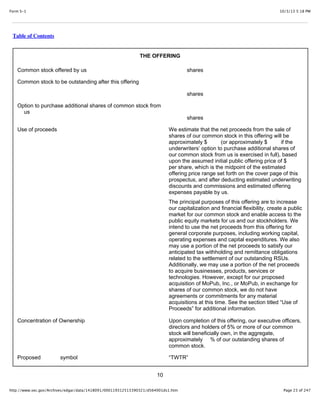 10/3/13 5:18 PMForm S-1
Page 23 of 247http://www.sec.gov/Archives/edgar/data/1418091/000119312513390321/d564001ds1.htm
Table of Contents
THE OFFERING
Common stock offered by us shares
Common stock to be outstanding after this offering
shares
Option to purchase additional shares of common stock from
us
shares
Use of proceeds We estimate that the net proceeds from the sale of
shares of our common stock in this offering will be
approximately $ (or approximately $ if the
underwriters’ option to purchase additional shares of
our common stock from us is exercised in full), based
upon the assumed initial public offering price of $
per share, which is the midpoint of the estimated
offering price range set forth on the cover page of this
prospectus, and after deducting estimated underwriting
discounts and commissions and estimated offering
expenses payable by us.
The principal purposes of this offering are to increase
our capitalization and financial flexibility, create a public
market for our common stock and enable access to the
public equity markets for us and our stockholders. We
intend to use the net proceeds from this offering for
general corporate purposes, including working capital,
operating expenses and capital expenditures. We also
may use a portion of the net proceeds to satisfy our
anticipated tax withholding and remittance obligations
related to the settlement of our outstanding RSUs.
Additionally, we may use a portion of the net proceeds
to acquire businesses, products, services or
technologies. However, except for our proposed
acquisition of MoPub, Inc., or MoPub, in exchange for
shares of our common stock, we do not have
agreements or commitments for any material
acquisitions at this time. See the section titled “Use of
Proceeds” for additional information.
Concentration of Ownership Upon completion of this offering, our executive officers,
directors and holders of 5% or more of our common
stock will beneficially own, in the aggregate,
approximately % of our outstanding shares of
common stock.
Proposed symbol “TWTR”
10
 