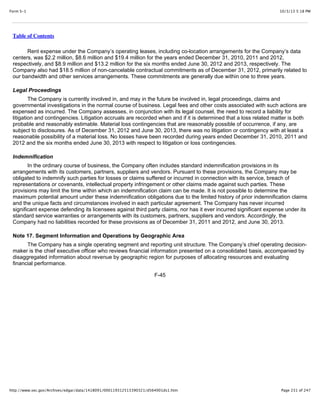 10/3/13 5:18 PMForm S-1
Page 231 of 247http://www.sec.gov/Archives/edgar/data/1418091/000119312513390321/d564001ds1.htm
Table of Contents
Rent expense under the Company’s operating leases, including co-location arrangements for the Company’s data
centers, was $2.2 million, $8.6 million and $19.4 million for the years ended December 31, 2010, 2011 and 2012,
respectively, and $8.9 million and $13.2 million for the six months ended June 30, 2012 and 2013, respectively. The
Company also had $18.5 million of non-cancelable contractual commitments as of December 31, 2012, primarily related to
our bandwidth and other services arrangements. These commitments are generally due within one to three years.
Legal Proceedings
The Company is currently involved in, and may in the future be involved in, legal proceedings, claims and
governmental investigations in the normal course of business. Legal fees and other costs associated with such actions are
expensed as incurred. The Company assesses, in conjunction with its legal counsel, the need to record a liability for
litigation and contingencies. Litigation accruals are recorded when and if it is determined that a loss related matter is both
probable and reasonably estimable. Material loss contingencies that are reasonably possible of occurrence, if any, are
subject to disclosures. As of December 31, 2012 and June 30, 2013, there was no litigation or contingency with at least a
reasonable possibility of a material loss. No losses have been recorded during years ended December 31, 2010, 2011 and
2012 and the six months ended June 30, 2013 with respect to litigation or loss contingencies.
Indemnification
In the ordinary course of business, the Company often includes standard indemnification provisions in its
arrangements with its customers, partners, suppliers and vendors. Pursuant to these provisions, the Company may be
obligated to indemnify such parties for losses or claims suffered or incurred in connection with its service, breach of
representations or covenants, intellectual property infringement or other claims made against such parties. These
provisions may limit the time within which an indemnification claim can be made. It is not possible to determine the
maximum potential amount under these indemnification obligations due to the limited history of prior indemnification claims
and the unique facts and circumstances involved in each particular agreement. The Company has never incurred
significant expense defending its licensees against third party claims, nor has it ever incurred significant expense under its
standard service warranties or arrangements with its customers, partners, suppliers and vendors. Accordingly, the
Company had no liabilities recorded for these provisions as of December 31, 2011 and 2012, and June 30, 2013.
Note 17. Segment Information and Operations by Geographic Area
The Company has a single operating segment and reporting unit structure. The Company’s chief operating decision-
maker is the chief executive officer who reviews financial information presented on a consolidated basis, accompanied by
disaggregated information about revenue by geographic region for purposes of allocating resources and evaluating
financial performance.
F-45
 