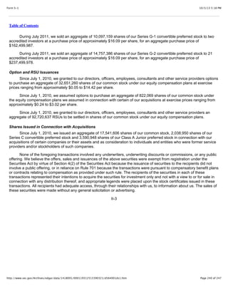 10/3/13 5:18 PMForm S-1
Page 240 of 247http://www.sec.gov/Archives/edgar/data/1418091/000119312513390321/d564001ds1.htm
Table of Contents
During July 2011, we sold an aggregate of 10,097,159 shares of our Series G-1 convertible preferred stock to two
accredited investors at a purchase price of approximately $16.09 per share, for an aggregate purchase price of
$162,499,987.
During July 2011, we sold an aggregate of 14,757,386 shares of our Series G-2 convertible preferred stock to 21
accredited investors at a purchase price of approximately $16.09 per share, for an aggregate purchase price of
$237,499,978.
Option and RSU Issuances
Since July 1, 2010, we granted to our directors, officers, employees, consultants and other service providers options
to purchase an aggregate of 32,651,260 shares of our common stock under our equity compensation plans at exercise
prices ranging from approximately $0.05 to $14.42 per share.
Since July 1, 2010, we assumed options to purchase an aggregate of 822,069 shares of our common stock under
the equity compensation plans we assumed in connection with certain of our acquisitions at exercise prices ranging from
approximately $0.24 to $3.02 per share.
Since July 1, 2010, we granted to our directors, officers, employees, consultants and other service providers an
aggregate of 92,720,637 RSUs to be settled in shares of our common stock under our equity compensation plans.
Shares Issued in Connection with Acquisitions
Since July 1, 2010, we issued an aggregate of 17,541,606 shares of our common stock, 2,038,950 shares of our
Series C convertible preferred stock and 3,590,948 shares of our Class A Junior preferred stock in connection with our
acquisitions of certain companies or their assets and as consideration to individuals and entities who were former service
providers and/or stockholders of such companies.
None of the foregoing transactions involved any underwriters, underwriting discounts or commissions, or any public
offering. We believe the offers, sales and issuances of the above securities were exempt from registration under the
Securities Act by virtue of Section 4(2) of the Securities Act because the issuance of securities to the recipients did not
involve a public offering, or in reliance on Rule 701 because the transactions were pursuant to compensatory benefit plans
or contracts relating to compensation as provided under such rule. The recipients of the securities in each of these
transactions represented their intentions to acquire the securities for investment only and not with a view to or for sale in
connection with any distribution thereof, and appropriate legends were placed upon the stock certificates issued in these
transactions. All recipients had adequate access, through their relationships with us, to information about us. The sales of
these securities were made without any general solicitation or advertising.
II-3
 