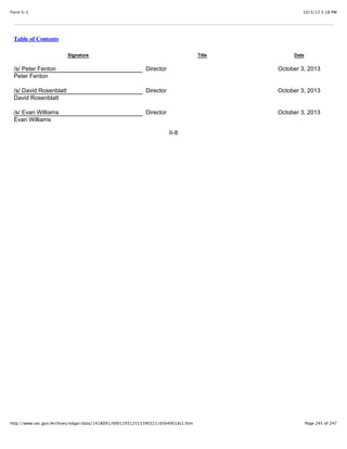10/3/13 5:18 PMForm S-1
Page 245 of 247http://www.sec.gov/Archives/edgar/data/1418091/000119312513390321/d564001ds1.htm
Table of Contents
Signature Title Date
/s/ Peter Fenton
Peter Fenton
Director October 3, 2013
/s/ David Rosenblatt
David Rosenblatt
Director October 3, 2013
/s/ Evan Williams
Evan Williams
Director October 3, 2013
II-8
 
