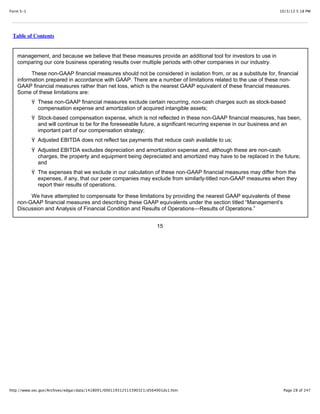 10/3/13 5:18 PMForm S-1
Page 28 of 247http://www.sec.gov/Archives/edgar/data/1418091/000119312513390321/d564001ds1.htm
Table of Contents
management, and because we believe that these measures provide an additional tool for investors to use in
comparing our core business operating results over multiple periods with other companies in our industry.
These non-GAAP financial measures should not be considered in isolation from, or as a substitute for, financial
information prepared in accordance with GAAP. There are a number of limitations related to the use of these non-
GAAP financial measures rather than net loss, which is the nearest GAAP equivalent of these financial measures.
Some of these limitations are:
Ÿ These non-GAAP financial measures exclude certain recurring, non-cash charges such as stock-based
compensation expense and amortization of acquired intangible assets;
Ÿ Stock-based compensation expense, which is not reflected in these non-GAAP financial measures, has been,
and will continue to be for the foreseeable future, a significant recurring expense in our business and an
important part of our compensation strategy;
Ÿ Adjusted EBITDA does not reflect tax payments that reduce cash available to us;
Ÿ Adjusted EBITDA excludes depreciation and amortization expense and, although these are non-cash
charges, the property and equipment being depreciated and amortized may have to be replaced in the future;
and
Ÿ The expenses that we exclude in our calculation of these non-GAAP financial measures may differ from the
expenses, if any, that our peer companies may exclude from similarly-titled non-GAAP measures when they
report their results of operations.
We have attempted to compensate for these limitations by providing the nearest GAAP equivalents of these
non-GAAP financial measures and describing these GAAP equivalents under the section titled “Management’s
Discussion and Analysis of Financial Condition and Results of Operations—Results of Operations.”
15
 