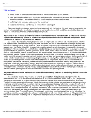 10/3/13 5:18 PMForm S-1
Page 30 of 247http://www.sec.gov/Archives/edgar/data/1418091/000119312513390321/d564001ds1.htm
Table of Contents
Ÿ we are unable to combat spam or other hostile or inappropriate usage on our platform;
Ÿ there are adverse changes in our products or services that are mandated by, or that we elect to make to address,
legislation, regulatory authorities or litigation, including settlements or consent decrees;
Ÿ we fail to provide adequate customer service to users; or
Ÿ we do not maintain our brand image or our reputation is damaged.
If we are unable to increase our user growth or engagement, or if they decline, this could result in our products and
services being less attractive to potential new users, as well as advertisers, which would have a material and adverse
impact on our business, financial condition and operating results.
If our users do not continue to contribute content or their contributions are not valuable to other users, we may
experience a decline in the number of users accessing our products and services and user engagement, which
could result in the loss of advertisers and revenue.
Our success depends on our ability to provide users of our products and services with valuable content, which in
turn depends on the content contributed by our users. We believe that one of our competitive advantages is the quality,
quantity and real-time nature of the content on Twitter, and that access to unique or real-time content is one of the main
reasons users visit Twitter. Our ability to expand into new international markets depends on the availability of relevant
local content in those markets. We seek to foster a broad and engaged user community, and we encourage world leaders,
government officials, celebrities, athletes, journalists, sports teams, media outlets and brands to use our products and
services to express their views to broad audiences. We also encourage media outlets to use our products and services to
distribute their content. If users, including influential users, do not continue to contribute content to Twitter, and we are
unable to provide users with valuable and timely content, our user base and user engagement may decline. Additionally, if
we are not able to address user concerns regarding the safety and security of our products and services or if we are
unable to successfully prevent abusive or other hostile behavior on our platform, the size of our user base and user
engagement may decline. We rely on the sale of advertising services for the substantial majority of our revenue. If we
experience a decline in the number of users or a decline in user engagement, including as a result of the loss of world
leaders, government officials, celebrities, athletes, journalists, sports teams, media outlets and brands who generate
content on Twitter, advertisers may not view our products and services as attractive for their marketing expenditures, and
may reduce their spending with us which would harm our business and operating results.
We generate the substantial majority of our revenue from advertising. The loss of advertising revenue could harm
our business.
The substantial majority of our revenue is currently generated from third parties advertising on Twitter. We
generated 85% and 87% of our revenue from advertising in 2012 and the six months ended June 30, 2013, respectively.
We generate substantially all of our advertising revenue through the sale of our three Promoted Products: Promoted
Tweets, Promoted Accounts and Promoted Trends. As is common in the industry, our advertisers do not have long-term
advertising commitments with us. In addition, many of our advertisers purchase our advertising services through one of
several large advertising agency holding companies. Advertising agencies and potential new advertisers may view our
Promoted Products as experimental and unproven, and we may need to devote additional time and resources to educate
them about our products and services. Advertisers also may choose to reach users through our free products and
services, instead of our Promoted Products. Advertisers will not continue to do business with us, or they will reduce the
prices they are willing to pay to advertise with us, if we do not deliver ads in an effective manner, or if they do not believe
that their investment in advertising with us will generate a competitive return relative to alternatives, including online,
mobile
17
 