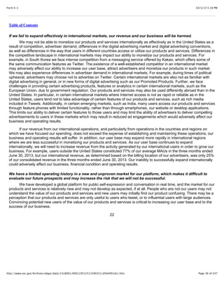 10/3/13 5:18 PMForm S-1
Page 36 of 247http://www.sec.gov/Archives/edgar/data/1418091/000119312513390321/d564001ds1.htm
Table of Contents
If we fail to expand effectively in international markets, our revenue and our business will be harmed.
We may not be able to monetize our products and services internationally as effectively as in the United States as a
result of competition, advertiser demand, differences in the digital advertising market and digital advertising conventions,
as well as differences in the way that users in different countries access or utilize our products and services. Differences in
the competitive landscape in international markets may impact our ability to monetize our products and services. For
example, in South Korea we face intense competition from a messaging service offered by Kakao, which offers some of
the same communication features as Twitter. The existence of a well-established competitor in an international market
may adversely affect our ability to increase our user base, attract advertisers and monetize our products in such market.
We may also experience differences in advertiser demand in international markets. For example, during times of political
upheaval, advertisers may choose not to advertise on Twitter. Certain international markets are also not as familiar with
digital advertising in general, or in new forms of digital advertising such as our Promoted Products. Further, we face
challenges in providing certain advertising products, features or analytics in certain international markets, such as the
European Union, due to government regulation. Our products and services may also be used differently abroad than in the
United States. In particular, in certain international markets where Internet access is not as rapid or reliable as in the
United States, users tend not to take advantage of certain features of our products and services, such as rich media
included in Tweets. Additionally, in certain emerging markets, such as India, many users access our products and services
through feature phones with limited functionality, rather than through smartphones, our website or desktop applications.
This limits our ability to deliver certain features to those users and may limit the ability of advertisers to deliver compelling
advertisements to users in these markets which may result in reduced ad engagements which would adversely affect our
business and operating results.
If our revenue from our international operations, and particularly from operations in the countries and regions on
which we have focused our spending, does not exceed the expense of establishing and maintaining these operations, our
business and operating results will suffer. In addition, our user base may expand more rapidly in international regions
where we are less successful in monetizing our products and services. As our user base continues to expand
internationally, we will need to increase revenue from the activity generated by our international users in order to grow our
business. For example, users outside the United States constituted 77% of our average MAUs in the three months ended
June 30, 2013, but our international revenue, as determined based on the billing location of our advertisers, was only 25%
of our consolidated revenue in the three months ended June 30, 2013. Our inability to successfully expand internationally
could adversely affect our business, financial condition and operating results.
We have a limited operating history in a new and unproven market for our platform, which makes it difficult to
evaluate our future prospects and may increase the risk that we will not be successful.
We have developed a global platform for public self-expression and conversation in real time, and the market for our
products and services is relatively new and may not develop as expected, if at all. People who are not our users may not
understand the value of our products and services and new users may initially find our product confusing. There may be a
perception that our products and services are only useful to users who tweet, or to influential users with large audiences.
Convincing potential new users of the value of our products and services is critical to increasing our user base and to the
success of our business.
22
 