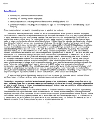 10/3/13 5:18 PMForm S-1
Page 38 of 247http://www.sec.gov/Archives/edgar/data/1418091/000119312513390321/d564001ds1.htm
Table of Contents
Ÿ domestic and international expansion efforts;
Ÿ attracting and retaining talented employees;
Ÿ strategic opportunities, including commercial relationships and acquisitions; and
Ÿ general administration, including personnel costs and legal and accounting expenses related to being a public
company.
These investments may not result in increased revenue or growth in our business.
In addition, we have granted stock options and RSUs to our employees. RSUs granted to domestic employees
before February 2013 and all RSUs granted to international employees, or the Pre-2013 RSUs, vest upon the satisfaction
of both a service condition and a performance condition. The service condition for a majority of the Pre-2013 RSUs is
satisfied over a period of four years. The performance condition will be satisfied on the earlier of (i) the date that is the
earlier of (x) six months after the effective date of this offering or (y) March 8th of the calendar year following the effective
date of this offering (which we may elect to accelerate to February 15th); and (ii) the date of a change in control. As of
June 30, 2013, no stock-based compensation expense had been recognized for the Pre-2013 RSUs because a qualifying
event as described above was not probable. In the quarter in which this offering is completed, we will begin recording
stock-based compensation expense based on the grant-date fair value of the Pre-2013 RSUs using the accelerated
attribution method, net of estimated forfeitures. If this offering had been completed on June 30, 2013, we would have
recorded $329.6 million of cumulative stock-based compensation expense related to the Pre-2013 RSUs on that date, and
an additional $234.2 million of unrecognized stock-based compensation expense related to the Pre-2013 RSUs, net of
estimated forfeitures, would be recognized over a weighted-average period of approximately three years. In addition to
stock-based compensation expense associated with the Pre-2013 RSUs, as of June 30, 2013, we had unrecognized
stock-based compensation expense of approximately $296.7 million related to other outstanding equity awards, after
giving effect to estimated forfeitures, which we expect to recognize over a weighted-average period of approximately four
years. Further, we made grants of equity awards after June 30, 2013, and we have unrecognized stock-based
compensation expense of $452.9 million related to such equity awards, after giving effect to estimated forfeitures, which
we expect to recognize over a weighted-average period of approximately four years. Following the completion of this
offering, the stock-based compensation expense related to Pre-2013 RSUs and other outstanding equity awards will have
a significant negative impact on our ability to achieve profitability on a GAAP basis in 2013 and 2014.
If we are unable to generate adequate revenue growth and to manage our expenses, we may continue to incur
significant losses in the future and may not be able to achieve or maintain profitability.
Our business depends on continued and unimpeded access to our products and services on the Internet by our
users and advertisers. If we or our users experience disruptions in Internet service or if Internet service providers
are able to block, degrade or charge for access to our products and services, we could incur additional expenses
and the loss of users and advertisers.
We depend on the ability of our users and advertisers to access the Internet. Currently, this access is provided by
companies that have significant market power in the broadband and Internet access marketplace, including incumbent
telephone companies, cable companies, mobile communications companies, government-owned service providers, device
manufacturers and operating system providers, any of whom could take actions that degrade, disrupt or increase the cost
of user access to our products or services, which would, in turn, negatively impact our business. For example, access to
Twitter is blocked in China. The adoption of any laws or regulations that adversely
24
 