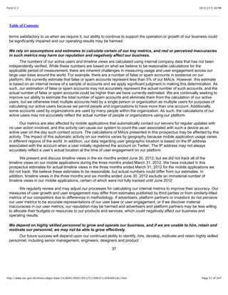 10/3/13 5:18 PMForm S-1
Page 51 of 247http://www.sec.gov/Archives/edgar/data/1418091/000119312513390321/d564001ds1.htm
Table of Contents
terms satisfactory to us when we require it, our ability to continue to support the operation or growth of our business could
be significantly impaired and our operating results may be harmed.
We rely on assumptions and estimates to calculate certain of our key metrics, and real or perceived inaccuracies
in such metrics may harm our reputation and negatively affect our business.
The numbers of our active users and timeline views are calculated using internal company data that has not been
independently verified. While these numbers are based on what we believe to be reasonable calculations for the
applicable period of measurement, there are inherent challenges in measuring usage and user engagement across our
large user base around the world. For example, there are a number of false or spam accounts in existence on our
platform. We currently estimate that false or spam accounts represent less than 5% of our MAUs. However, this estimate
is based on an internal review of a sample of accounts and we apply significant judgment in making this determination. As
such, our estimation of false or spam accounts may not accurately represent the actual number of such accounts, and the
actual number of false or spam accounts could be higher than we have currently estimated. We are continually seeking to
improve our ability to estimate the total number of spam accounts and eliminate them from the calculation of our active
users, but we otherwise treat multiple accounts held by a single person or organization as multiple users for purposes of
calculating our active users because we permit people and organizations to have more than one account. Additionally,
some accounts used by organizations are used by many people within the organization. As such, the calculations of our
active users may not accurately reflect the actual number of people or organizations using our platform.
Our metrics are also affected by mobile applications that automatically contact our servers for regular updates with
no user action involved, and this activity can cause our system to count the user associated with such a device as an
active user on the day such contact occurs. The calculations of MAUs presented in this prospectus may be affected by this
activity. The impact of this automatic activity on our metrics varies by geography because mobile application usage varies
in different regions of the world. In addition, our data regarding user geographic location is based on the IP address
associated with the account when a user initially registered the account on Twitter. The IP address may not always
accurately reflect a user’s actual location at the time of user engagement on our platform.
We present and discuss timeline views in the six months ended June 30, 2012, but we did not track all of the
timeline views on our mobile applications during the three months ended March 31, 2012. We have included in this
prospectus estimates for actual timeline views in the three months ended March 31, 2012 for the mobile applications we
did not track. We believe these estimates to be reasonable, but actual numbers could differ from our estimates. In
addition, timeline views in the three months and six months ended June 30, 2012 exclude an immaterial number of
timeline views in our mobile applications, certain of which were not fully tracked until June 2012.
We regularly review and may adjust our processes for calculating our internal metrics to improve their accuracy. Our
measures of user growth and user engagement may differ from estimates published by third parties or from similarly-titled
metrics of our competitors due to differences in methodology. If advertisers, platform partners or investors do not perceive
our user metrics to be accurate representations of our user base or user engagement, or if we discover material
inaccuracies in our user metrics, our reputation may be harmed and advertisers and platform partners may be less willing
to allocate their budgets or resources to our products and services, which could negatively affect our business and
operating results.
We depend on highly skilled personnel to grow and operate our business, and if we are unable to hire, retain and
motivate our personnel, we may not be able to grow effectively.
Our future success will depend upon our continued ability to identify, hire, develop, motivate and retain highly skilled
personnel, including senior management, engineers, designers and product
37
 