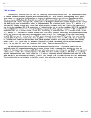 10/3/13 5:18 PMForm S-1
Page 77 of 247http://www.sec.gov/Archives/edgar/data/1418091/000119312513390321/d564001ds1.htm
Table of Contents
Timeline Views, Timeline Views Per MAU and Advertising Revenue Per Timeline View. We define timeline views
as the total number of timelines requested when registered users visit Twitter, refresh a timeline or view search results
while logged in on our website, mobile website or desktop or mobile applications (excluding our TweetDeck and Mac
clients, as we do not fully track this data). We believe that timeline views and timeline views per MAU are measures of
user engagement. Timeline views per MAU are calculated by dividing the total timeline views for the period by the average
MAUs for the last three months of such period. In the three months and six months ended June 30, 2013, we had 150.9
billion and 287.2 billion timeline views, respectively, which represent increases of 69% and 79% from the three months
and six months ended June 30, 2012, respectively. In the three months and six months ended June 30, 2013, we had 40.6
billion and 80.2 billion timeline views in the United States, respectively, which represent increases of 45% and 57% from
the three months and six months ended June 30, 2012, respectively. In the three months and six months ended June 30,
2013, we had 110.3 billion and 207.1 billion timeline views in the rest of the world, respectively, which represent increases
of 79% and 89% from the three months and six months ended June 30, 2012, respectively. In the three months ended
June 30, 2013, we had 691 timeline views per MAU, which represents an increase of 17% from the three months ended
June 30, 2012. In the three months ended June 30, 2013, we had 825 timeline views per MAU in the United States and
652 timeline views per MAU in the rest of the world, which represent increases of 8% and 22% from the three months
ended June 30, 2012, respectively. For additional information on how we calculate the number of timeline views and
factors that can affect this metric, see the section titled “Industry Data and Company Metrics.”
We define advertising revenue per timeline view as advertising revenue per 1,000 timeline views during the
applicable period. We believe that advertising revenue per timeline view is a measure of our ability to monetize our
platform. In the three months ended June 30, 2013, our advertising revenue per timeline view was $0.80, which represents
a 26% increase from the three months ended June 30, 2012. In the three months ended June 30, 2013, our advertising
revenue per timeline view in the United States was $2.17 and our advertising revenue per timeline view in the rest of the
world was $0.30, which represent increases of 26% and 111% from the three months ended June 30, 2012, respectively.
We record advertising revenue based on the billing location of our advertisers, rather than the location of our users.
62
 