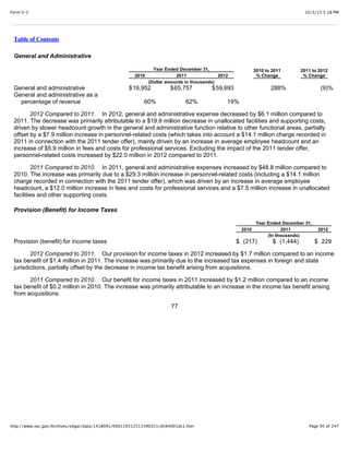10/3/13 5:18 PMForm S-1
Page 95 of 247http://www.sec.gov/Archives/edgar/data/1418091/000119312513390321/d564001ds1.htm
Table of Contents
General and Administrative
Year Ended December 31, 2010 to 2011
% Change
2011 to 2012
% Change2010 2011 2012
(Dollar amounts in thousands)
General and administrative $16,952 $65,757 $59,693 288% (9)%
General and administrative as a
percentage of revenue 60% 62% 19%
2012 Compared to 2011. In 2012, general and administrative expense decreased by $6.1 million compared to
2011. The decrease was primarily attributable to a $19.9 million decrease in unallocated facilities and supporting costs,
driven by slower headcount growth in the general and administrative function relative to other functional areas, partially
offset by a $7.9 million increase in personnel-related costs (which takes into account a $14.1 million charge recorded in
2011 in connection with the 2011 tender offer), mainly driven by an increase in average employee headcount and an
increase of $5.9 million in fees and costs for professional services. Excluding the impact of the 2011 tender offer,
personnel-related costs increased by $22.0 million in 2012 compared to 2011.
2011 Compared to 2010. In 2011, general and administrative expenses increased by $48.8 million compared to
2010. The increase was primarily due to a $29.3 million increase in personnel-related costs (including a $14.1 million
charge recorded in connection with the 2011 tender offer), which was driven by an increase in average employee
headcount, a $12.0 million increase in fees and costs for professional services and a $7.5 million increase in unallocated
facilities and other supporting costs.
Provision (Benefit) for Income Taxes
Year Ended December 31,
2010 2011 2012
(In thousands)
Provision (benefit) for income taxes $ (217) $ (1,444) $ 229
2012 Compared to 2011. Our provision for income taxes in 2012 increased by $1.7 million compared to an income
tax benefit of $1.4 million in 2011. The increase was primarily due to the increased tax expenses in foreign and state
jurisdictions, partially offset by the decrease in income tax benefit arising from acquisitions.
2011 Compared to 2010. Our benefit for income taxes in 2011 increased by $1.2 million compared to an income
tax benefit of $0.2 million in 2010. The increase was primarily attributable to an increase in the income tax benefit arising
from acquisitions.
77
 