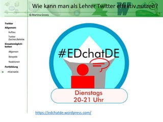 © Martina Grosty
Twitter
Allgemein
Aufbau
Twitter
Zeichen/Befehle
Einsatzmöglich-
keiten
Allgemein
Fortbildung
#EdchatDe
Beispiele
Reaktionen
Wie kann man als Lehrer Twitter effektiv nutzen?
>
https://edchatde.wordpress.com/
 