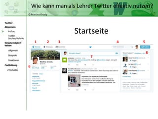 © Martina Grosty
Twitter
Allgemein
Aufbau
Twitter
Zeichen/Befehle
Einsatzmöglich-
keiten
Allgemein
Fortbildung
#EdchatDe
Beispiele
Reaktionen
Wie kann man als Lehrer Twitter effektiv nutzen?
Startseite>
1 2 3 4 5
7
8
6
 