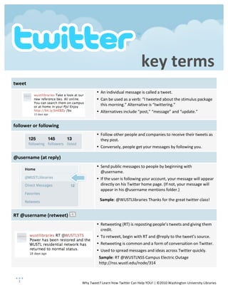  
 

 
 



                                                                      key terms 
tweet 
                                             • An individual message is called a tweet.  
                                             • Can be used as a verb: “I tweeted about the stimulus package 
                                               this morning.” Alternative is “twittering.” 
                                             • Alternatives include “post,” “message” and “update.” 
                                  

follower or following 
                                             • Follow other people and companies to receive their tweets as 
                                               they post.  

                                             • Conversely, people get your messages by following you. 

@username (at reply) 
                                             • Send public messages to people by beginning with 
                                               @username. 
                                             • If the user is following your account, your message will appear 
                                               directly on his Twitter home page. (If not, your message will 
                                               appear in his @username mentions folder.) 

                                               Sample: @WUSTLlibraries Thanks for the great twitter class!   
                                      
RT @username (retweet)    
                                             • Retweeting (RT) is reposting people’s tweets and giving them 
                                               credit.  
                                             • To retweet, begin with RT and @reply to the tweet’s source. 
                                             • Retweeting is common and a form of conversation on Twitter.  
                                             • Used to spread messages and ideas across Twitter quickly. 
                                              Sample: RT @WUSTLNSS Campus Electric Outage 
                                              http://nss.wustl.edu/node/314 



    1                          hy Tweet? Learn How Twitter Can Help YOU! | ©2010 Washington University Libraries 
                             W
 
 