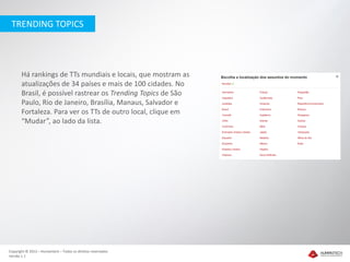 TRENDING TOPICS




       Há rankings de TTs mundiais e locais, que mostram as
       atualizações de 34 países e mais de 100 cidades. No
       Brasil, é possível rastrear os Trending Topics de São
       Paulo, Rio de Janeiro, Brasília, Manaus, Salvador e
       Fortaleza. Para ver os TTs de outro local, clique em
       “Mudar”, ao lado da lista.




Copyright © 2012 – Humantech – Todos os direitos reservados
Versão 1.1
 