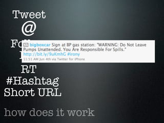 Tweet
  @
 Follow
  DM
  RT
#Hashtag
Short URL
how does it work
 