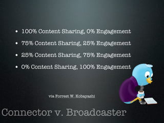 • 100% Content Sharing, 0% Engagement
  • 75% Content Sharing, 25% Engagement
  • 25% Content Sharing, 75% Engagement
  • 0% Content Sharing, 100% Engagement



            via Forrest W. Kobayashi



Connector v. Broadcaster
 
