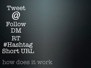 Tweet
  @
 Follow
  DM
  RT
#Hashtag
Short URL
how does it work
 