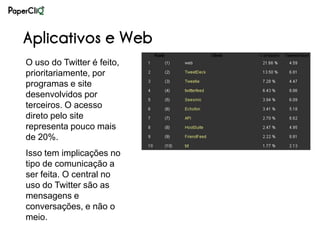 Aplicativos e Web
O uso do Twitter é feito,
prioritariamente, por
programas e site
desenvolvidos por
terceiros. O acesso
direto pelo site
representa pouco mais
de 20%.
Isso tem implicações no
tipo de comunicação a
ser feita. O central no
uso do Twitter são as
mensagens e
conversações, e não o
meio.
 