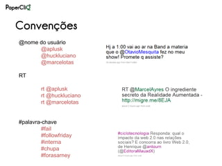 Convenções
@nome do usuário
      @aplusk
      @huckluciano
      @marcelotas

RT

         rt @aplusk
         rt @huckluciano
         rt @marcelotas


#palavra-chave
         #fail
         #followfriday
         #interna
         #chupa
         #forasarney
 