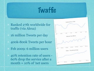 Twafﬁc
Ranked 27th worldwide for
traffic (via Alexa)

16 million Tweets per day

400k-800k Tweets per hour

Feb 2009: 6 million users

40% retention rate of users -
60% drop the service after a
month = 10% of ‘net users
 
