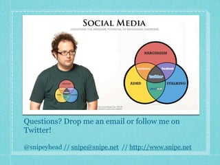 Questions? Drop me an email or follow me on
Twitter!

@snipeyhead // snipe@snipe.net // http://www.snipe.net
 