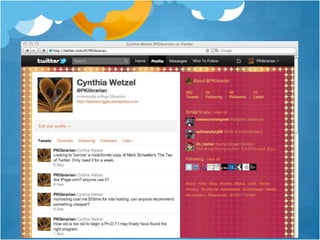 Can be overdone & usually isSome Definitions“… you can’t build a community in 10 minutes. Your network requires time. Not a large amount of time, but time and attention to achieve its potential.”TweetFollow/FollowerHashtagRetweetTweeting a message you  received, i.e., forwarding to your followers