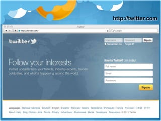 Some DefinitionsTweetFollow/FollowerHashtagRetweetTimeline, Feed or StreamTrendsTopics which are immediately & at the moment popular