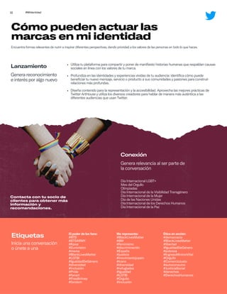 32 #MiIdentidad
Cómo pueden actuar las
marcas en mi identidad
Encuentra formas relevantes de nutrir e inspirar diferentes perspectivas, dando prioridad a los valores de las personas en todo lo que haces. 
Día Internacional LGBT+
Mes del Orgullo
Olimpiadas
Día Internacional de la Visibilidad Transgénero
Día Internacional de la Mujer
Día de las Naciones Unidas
Día Internacional de los Derechos Humanos
Día Internacional de la Paz
Contacta con tu socio de
clientes para obtener más
información y
recomendaciones.
Lanzamiento
Genera reconocimiento
e interés por algo nuevo
• Utiliza tu plataforma para compartir y poner de manifiesto historias humanas que respaldan causas
sociales en línea con los valores de tu marca.
• Profundiza en las identidades y experiencias vividas de tu audiencia: identifica cómo puede
beneficiar tu nuevo mensaje, servicio o producto a sus comunidades y pasiones para construir
relaciones más profundas.
• Diseña contenido para la representación y la accesibilidad. Aprovecha las mejores prácticas de
Twitter ArtHouse y utiliza los diversos creadores para hablar de manera más auténtica a las
diferentes audiencias que usan Twitter. 
Conexión
Genera relevancia al ser parte de
la conversación
El poder de los fans:
#BTS
#BTSARMY
#Kpop
#Eurovision
#meme
#BlackLivesMatter
#LGTBI
#IgualdadDeGénero
#diversidad
#inclusión
#Pride
#fanart
#FreeBritney
#fandom
Me representa:
#BlackLivesMatter
#8M
#feminismo
#discriminación
#España
#justicia
#movimientojupsin
#trans
#diversidad
#refugiados
#igualdad
#LGTBI
#Orgullo
#inclusión
Ética en acción:
#democracia
#BlackLivesMatter
#libertad
#IgualdadDeGénero
#pobreza
#IngresoMinimoVital
#Orgullo
#ComercioJusto
#autoconsumo
#JusticiaSocial
#derechos
#DerechosHumanos
Etiquetas
Inicia una conversación
o únete a una
 