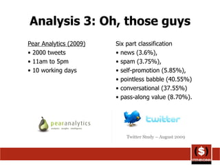 Analysis 3: Oh, those guys Pear Analytics (2009) 2000 tweets 11am to 5pm 10 working days Six part classification news (3.6%),  spam (3.75%),  self-promotion (5.85%),  pointless babble (40.55%) conversational (37.55%) pass-along value (8.70%).  