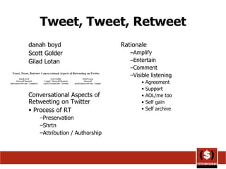 Tweet, Tweet, Retweet danah boyd Scott Golder Gilad Lotan Microsoft! Conversational Aspects of Retweeting on Twitter Process of RT Preservation Shrtn Attribution / Authorship Rationale Amplify Entertain Comment Visible listening Agreement Support AOL/me too Self gain Self archive 