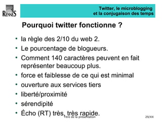 Twitter, le microblogging  et la conjugaison des temps Pourquoi twitter fonctionne ? la règle des 2/10 du web 2.  Le pourcentage de blogueurs.  Comment 140 caractères peuvent en fait représenter beaucoup plus. force et faiblesse de ce qui est minimal ouverture aux services tiers liberté/proximité sérendipité Écho (RT) très, très rapide. 