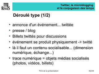 Twitter, le microblogging  et la conjugaison des temps Déroulé type (1/2) annonce d'un événement... twittée presse / blog Billets twittés pour discussions événement se produit physiquement -> twitté là il faut un contenu socialisable... (dimension numérique, échange...) trace numérique = objets médias socialisés (photos, vidéos, billets)  