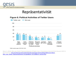 Repräsentativitätsprobleme auf mehreren Ebenen 
“About a third of all UK Internet users have a twitter profile; a subset o...